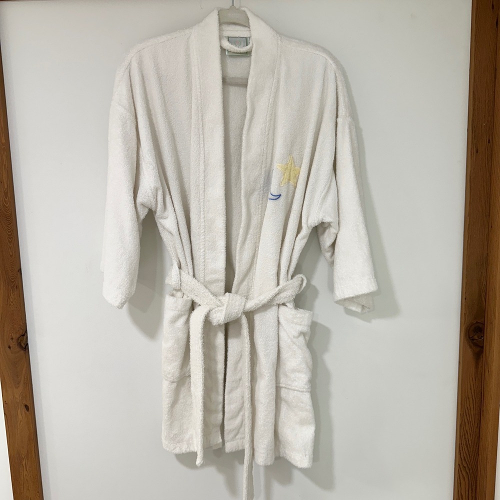 TJ‎ Lawford Terry Cloth Robe Unisex One Size White Embroidered Star | Spa Core